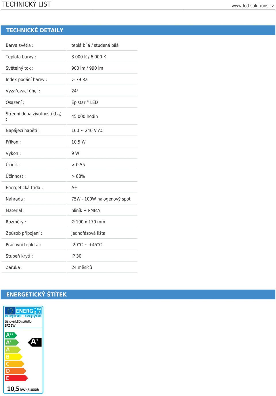 240 V AC 10,5 W 9 W Účiník : > 0,55 Účinnost : > 88% Energetická třída : A+ Náhrada : Materiál : Rozměry : Způsob připojení : Pracovní teplota