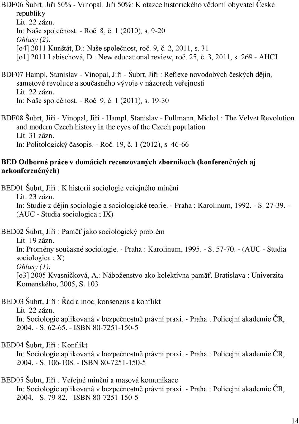 269 - AHCI BDF07 Hampl, Stanislav - Vinopal, Jiří - Šubrt, Jiří : Reflexe novodobých českých dějin, sametové revoluce a současného vývoje v názorech veřejnosti Lit. 22 zázn. In: Naše společnost.