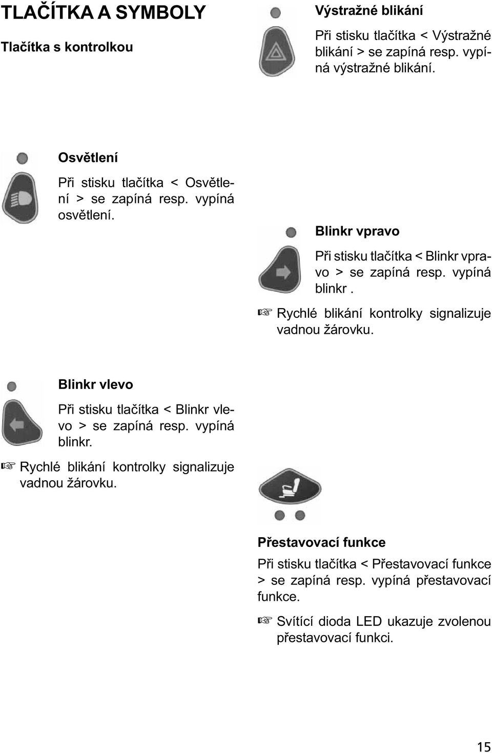 Rychlé blikání kontrolky signalizuje vadnou žárovku. Blinkr vlevo Při stisku tlačítka < Blinkr vlevo > se zapíná resp. vypíná blinkr.