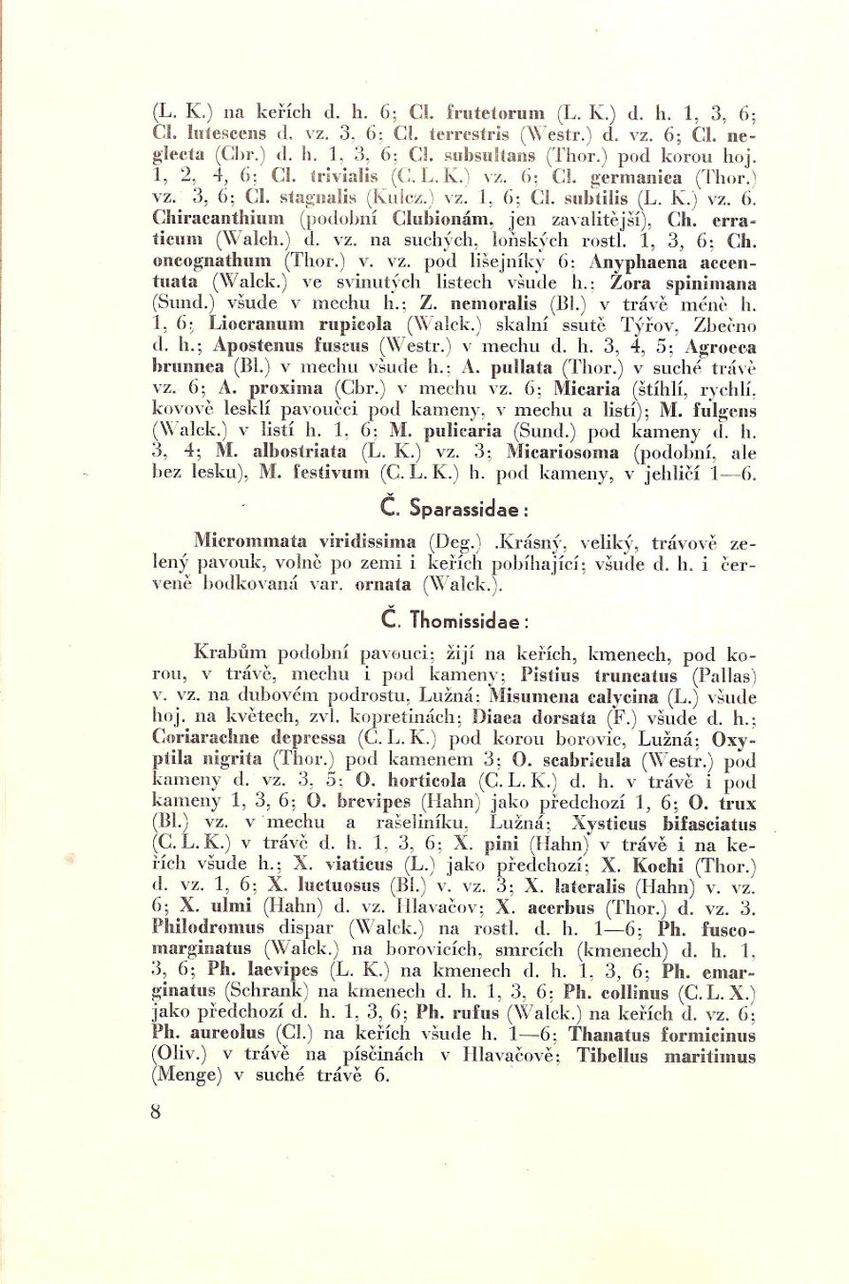 erraticum (W alch.) d. n. na suchých, lonsk)'ch rostl. 1, 3, 6; Ch. oncoguathum (Thol'.) v. vz. pod lišejníky 6: Anyphaena accentuata (Walck.) ve svinut)ch listech všude h.; Zora spillimana (Sund.