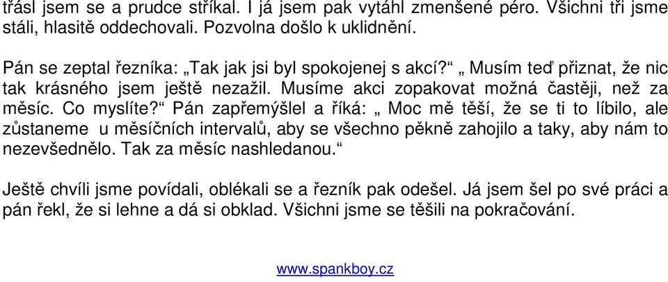 Co myslíte? Pán zapřemýšlel a říká: Moc mě těší, že se ti to líbilo, ale zůstaneme u měsíčních intervalů, aby se všechno pěkně zahojilo a taky, aby nám to nezevšednělo.