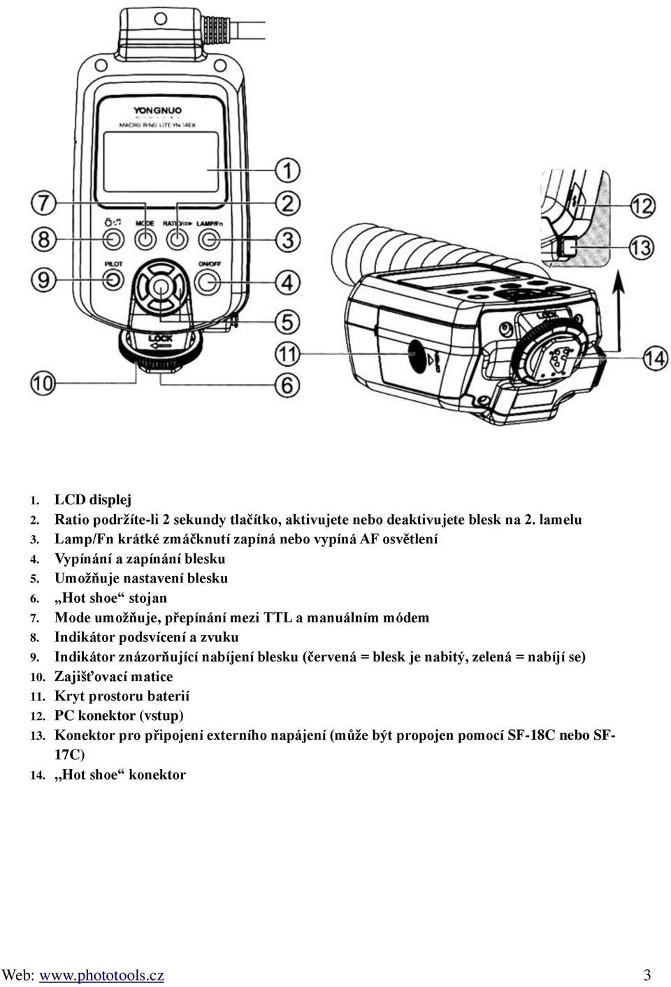 Mode umožňuje, přepínání mezi TTL a manuálním módem 8. Indikátor podsvícení a zvuku 9.