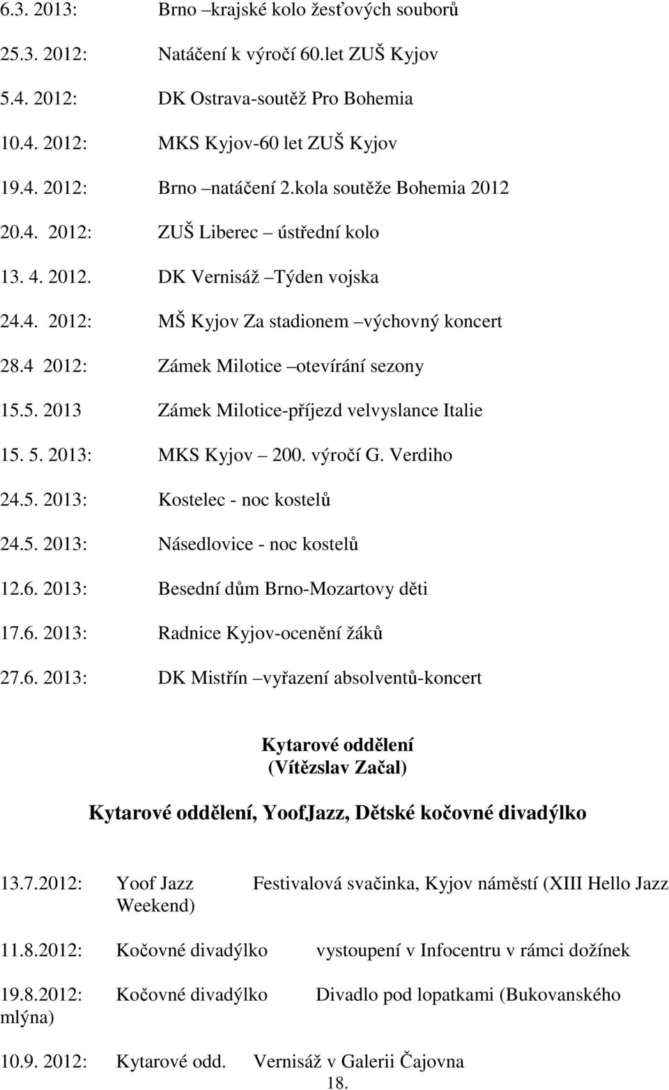 5. 2013 Zámek Milotice-příjezd velvyslance Italie 15. 5. 2013: MKS Kyjov 200. výročí G. Verdiho 24.5. 2013: Kostelec - noc kostelů 24.5. 2013: Násedlovice - noc kostelů 12.6.