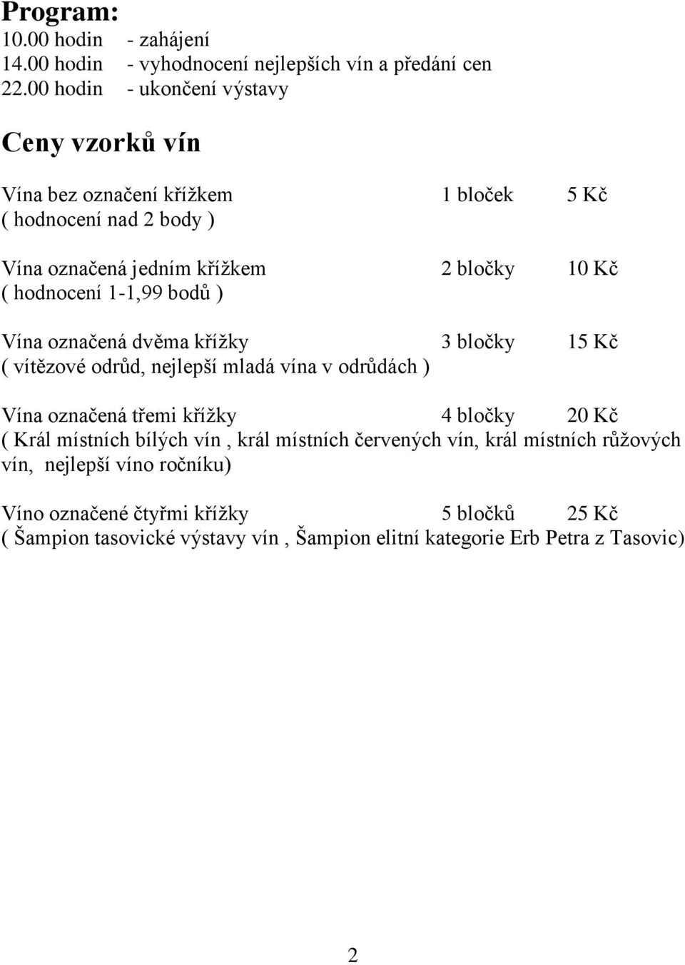 hodnocení 1-1,99 bodů ) Vína označená dvěma křížky 3 bločky 15 Kč ( vítězové odrůd, nejlepší mladá vína v odrůdách ) Vína označená třemi křížky 4 bločky 20 Kč
