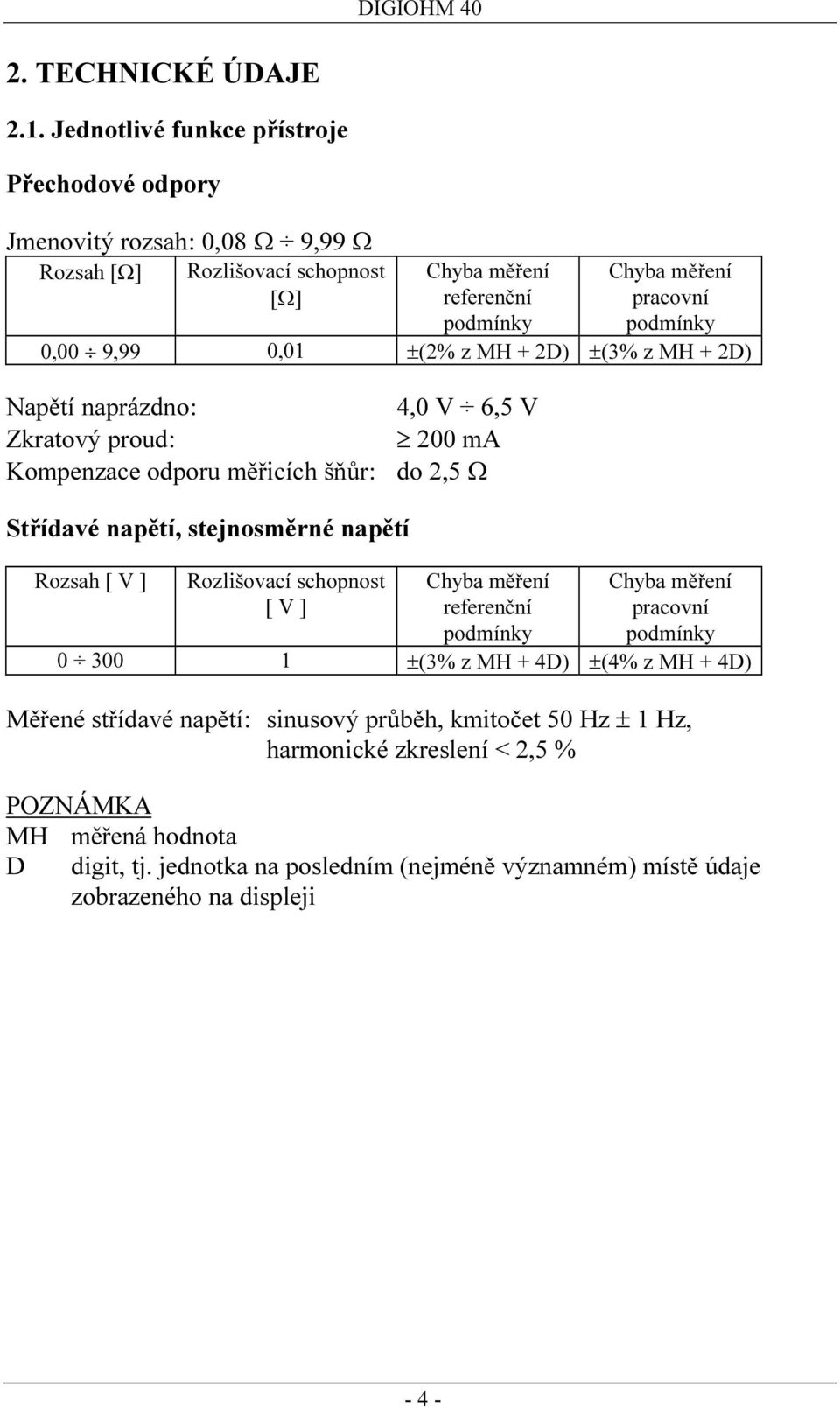 9,99 0,01 ±(2% z MH + 2D) ±(3% z MH + 2D) Napětí naprázdno: Zkratový proud: Kompenzace odporu měřicích šňůr: 4,0 V 6,5 V 200 ma do 2,5 Ω Střídavé napětí, stejnosměrné napětí Rozsah [ V