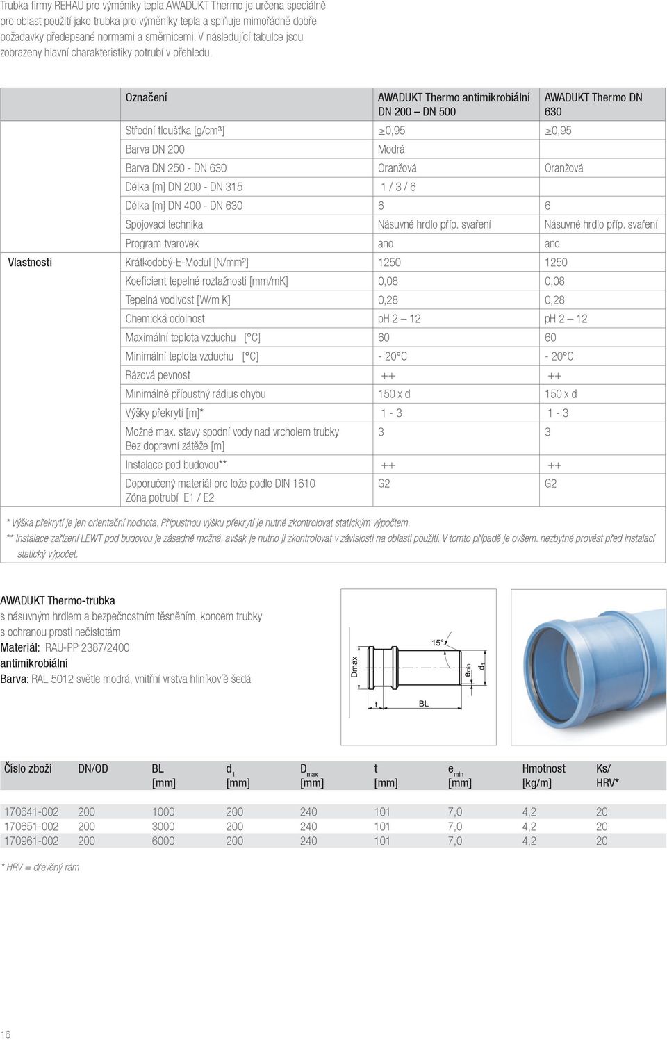 Označení AWADUKT Thermo antimikrobiální DN 200 DN 500 Střední tloušťka [g/cm³] 0,95 0,95 Barva DN 200 Modrá Barva DN 250 - DN 630 Oranžová Oranžová Délka [m] DN 200 - DN 315 1 / 3 / 6 Délka [m] DN