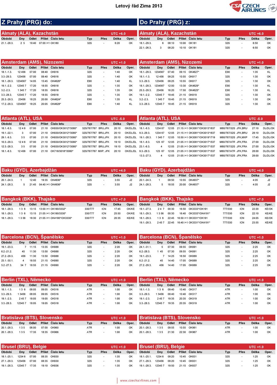 1.-29.3. 1234567 14:05 15:45 OK4626* E90-1:40 KL AMS3.3.-29.3. 123456 09:25 10:55 OK617 32S - 1:30 OK 19.1.-2.2. 12345 7 17:20 18:55 OK618 32S - 1:35 OK AMS18.1.-29.3. 1234567 12:00 13:30 OK4629* E90-1:30 KL 3.