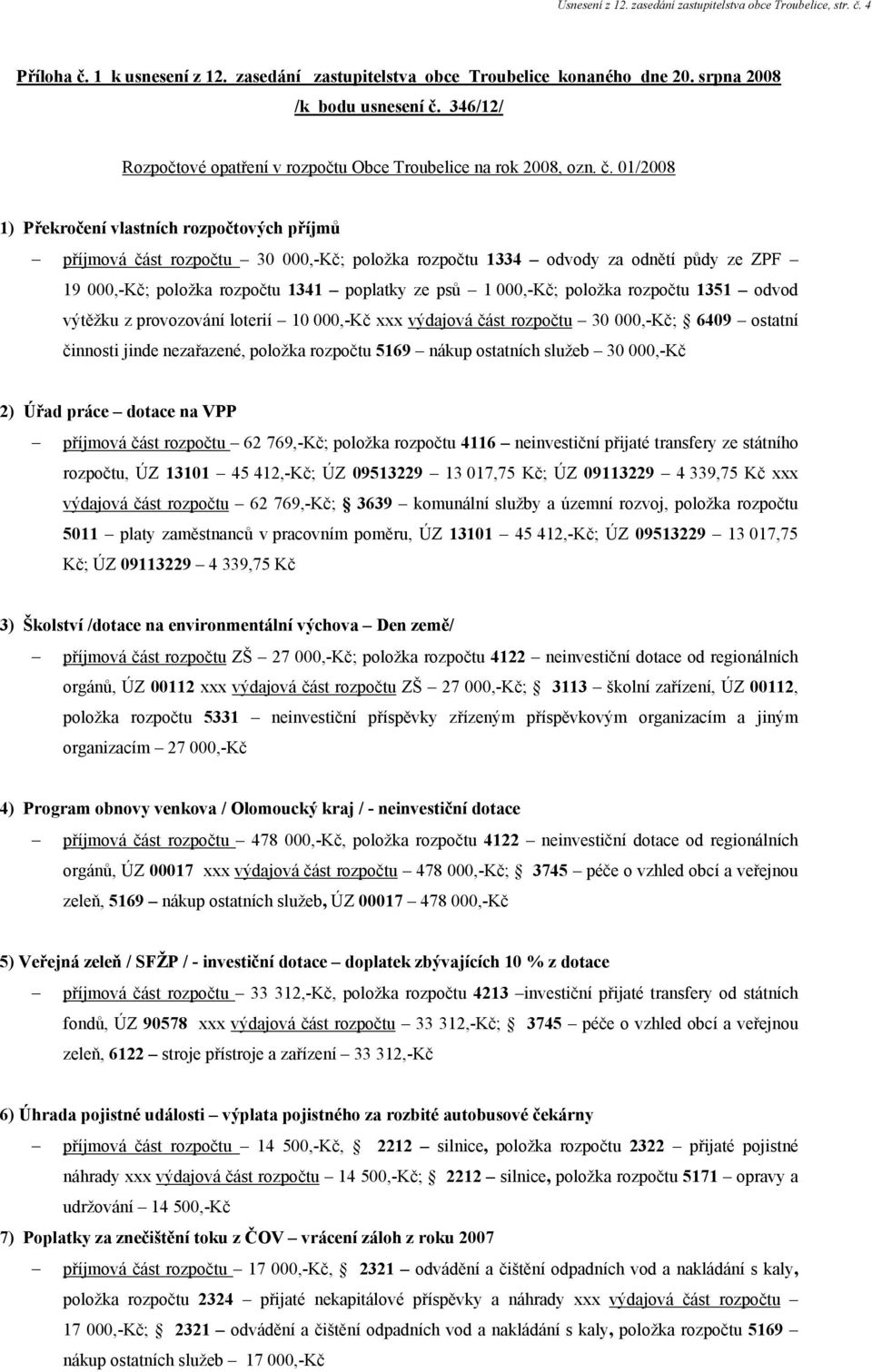 01/2008 1) Překročení vlastních rozpočtových příjmů příjmová část rozpočtu 30 000,-Kč; položka rozpočtu 1334 odvody za odnětí půdy ze ZPF 19 000,-Kč; položka rozpočtu 1341 poplatky ze psů 1 000,-Kč;