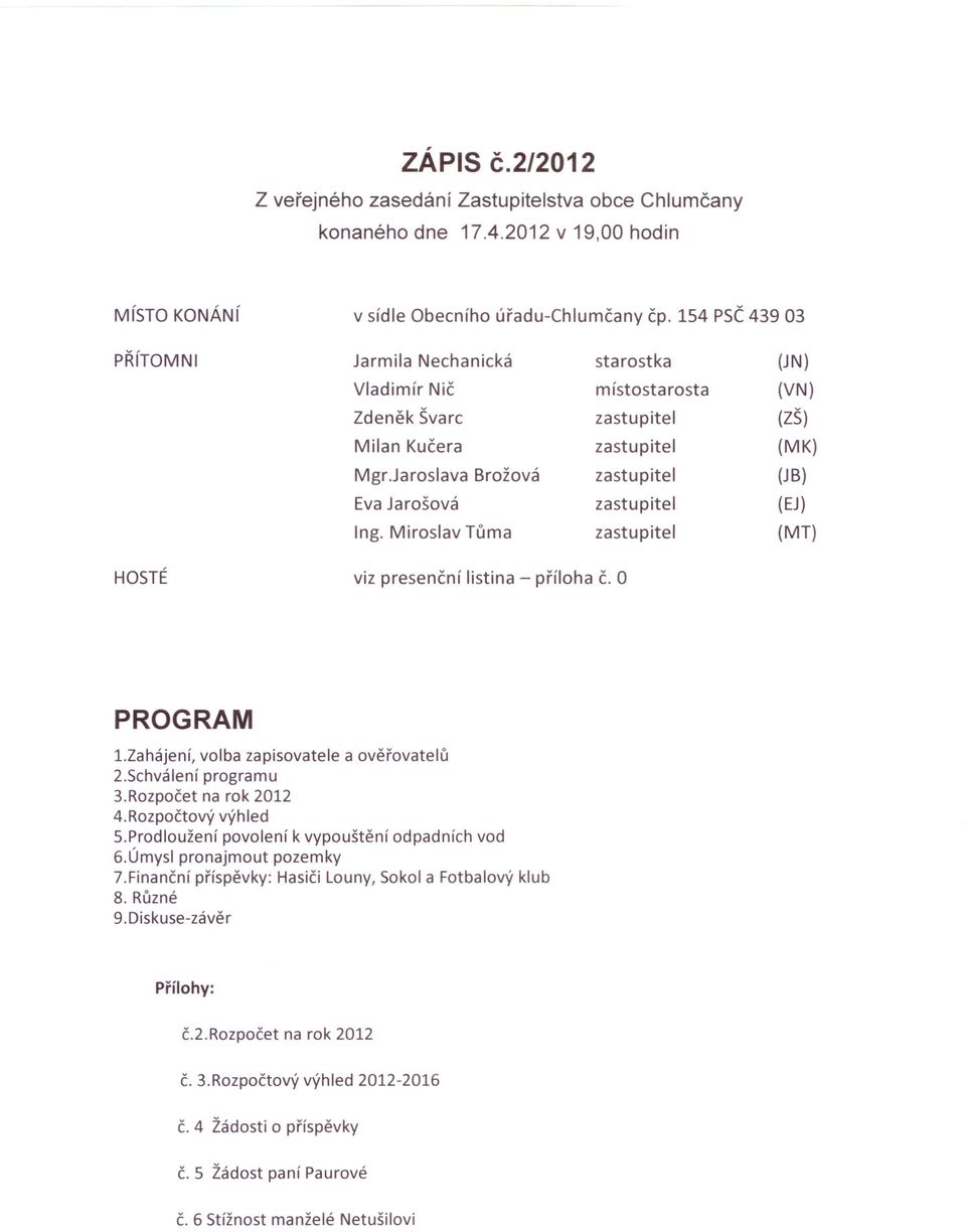 Miroslav Tůma (MT) HOSTÉ viz presenční listina - příloha č. O PROGRAM 1.Zahájení, volba zapisovatele a ověřovatelů 2.Schválení programu 3.Rozpočet na rok 2012 4.Rozpočtový výhled S.