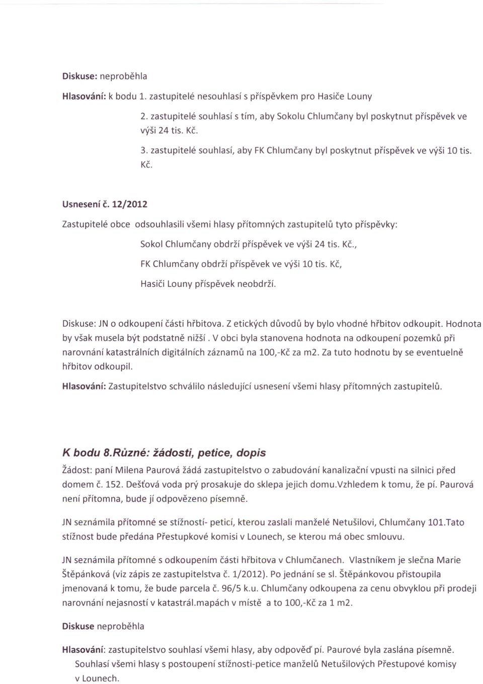 12/2012 Zastupitelé obce odsouhlasili všemi hlasy přítomných ů tyto příspěvky: Sokol Chlumčany obdrží příspěvek ve výši 24 tis. Kč., FK Chlumčany obdrží příspěvek ve výši 10 tis.