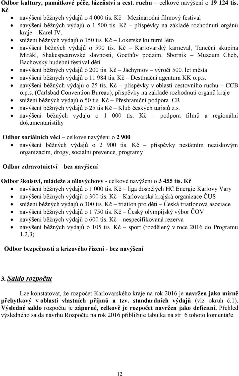 Kč Karlovarský karneval, Taneční skupina Mirákl, Shakespearovské slavnosti, Goethův podzim, Sborník Muzeum Cheb, Bachovský hudební festival dětí navýšení běžných výdajů o 200 tis.