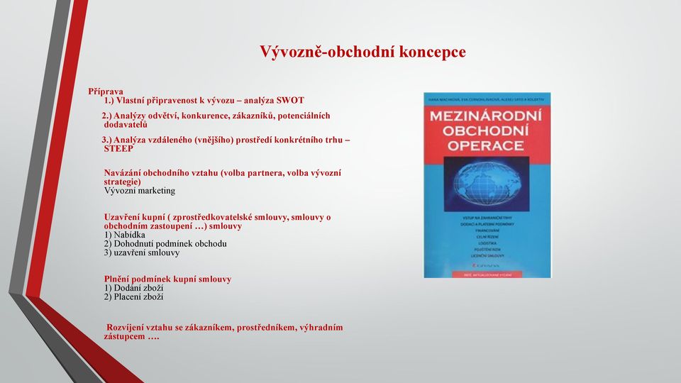 ) Analýza vzdáleného (vnějšího) prostředí konkrétního trhu STEEP Navázání obchodního vztahu (volba partnera, volba vývozní strategie) Vývozní