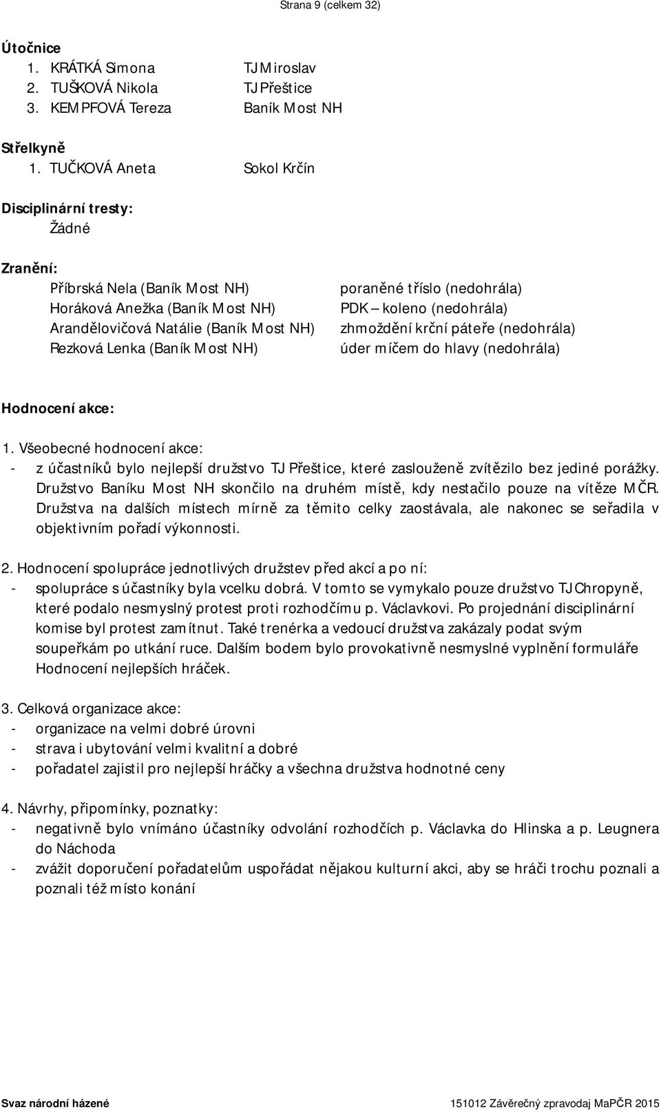 poraněné tříslo (nedohrála) PDK koleno (nedohrála) zhmoždění krční páteře (nedohrála) úder míčem do hlavy (nedohrála) Hodnocení akce: 1.