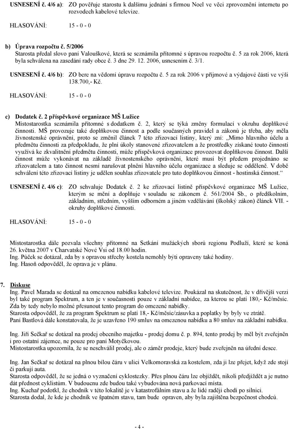 USNESENÍ č. 4/6 b): ZO bere na vědomí úpravu rozpočtu č. 5 za rok 2006 v příjmové a výdajové části ve výši 138.700,- Kč. c) Dodatek č.