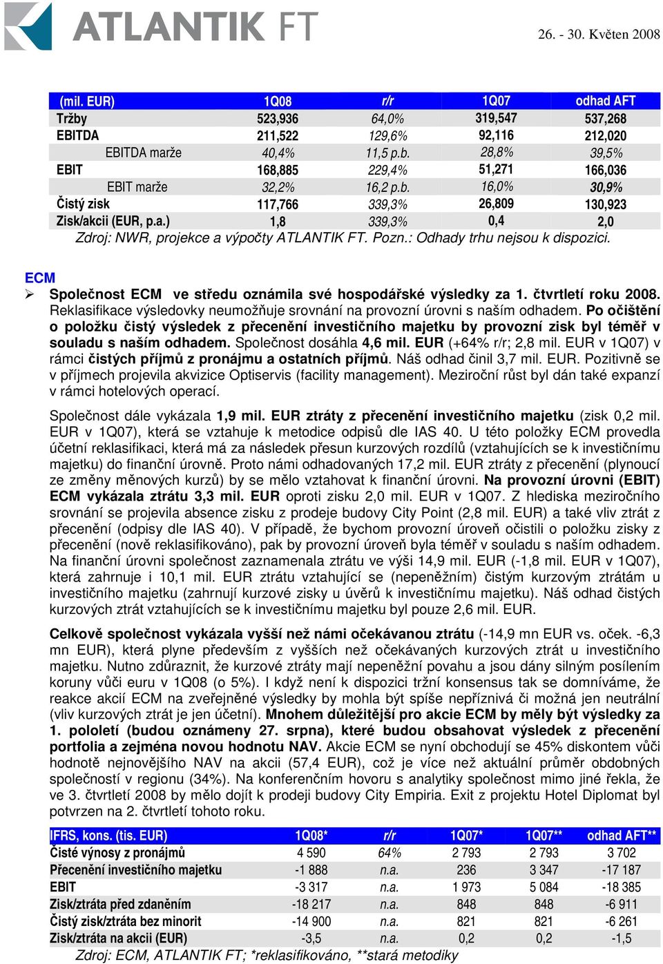 ECM Spolenost ECM ve stedu oznámila své hospodáské výsledky za 1. tvrtletí roku 2008. Reklasifikace výsledovky neumožuje srovnání na provozní úrovni s naším odhadem.