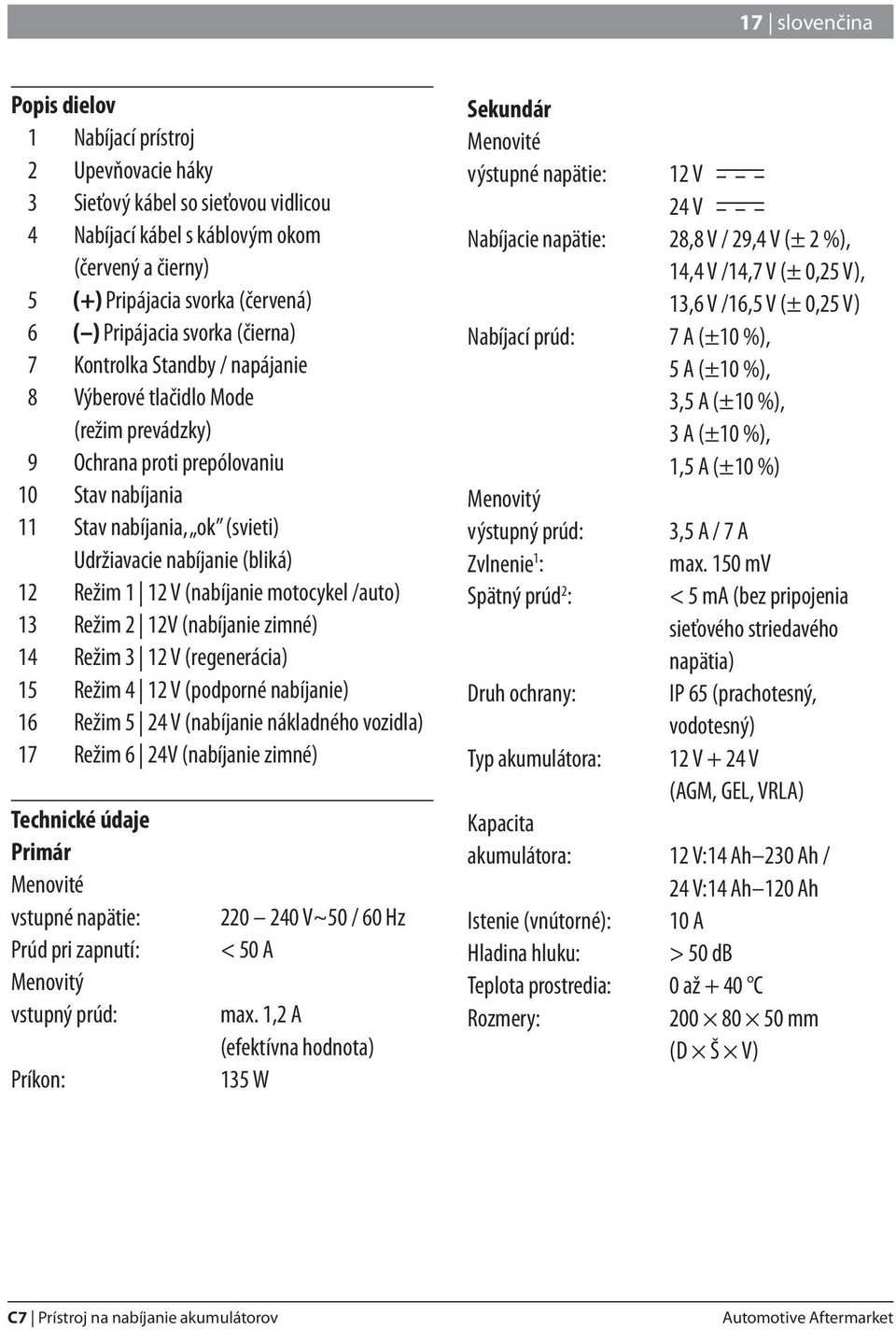 nabíjanie (bliká) 12 Režim 1 12 V (nabíjanie motocykel /auto) 13 Režim 2 12V (nabíjanie zimné) 14 Režim 3 12 V (regenerácia) 15 Režim 4 12 V (podporné nabíjanie) 16 Režim 5 24 V (nabíjanie nákladného