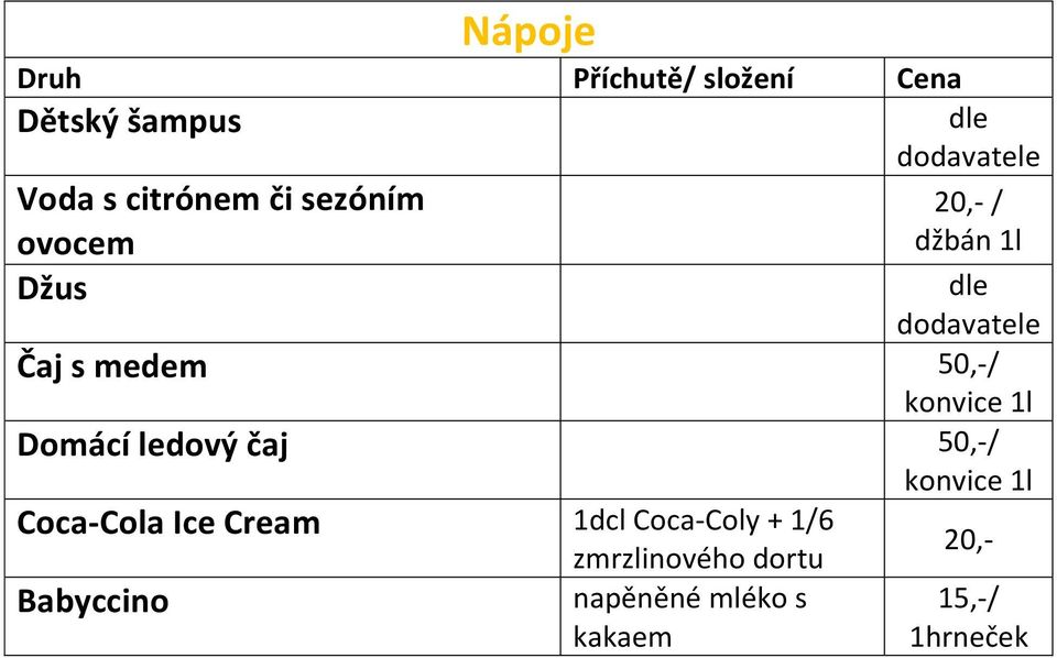 50,-/ konvice 1l Domácí ledový čaj 50,-/ konvice 1l Coca-Cola Ice Cream 1dcl