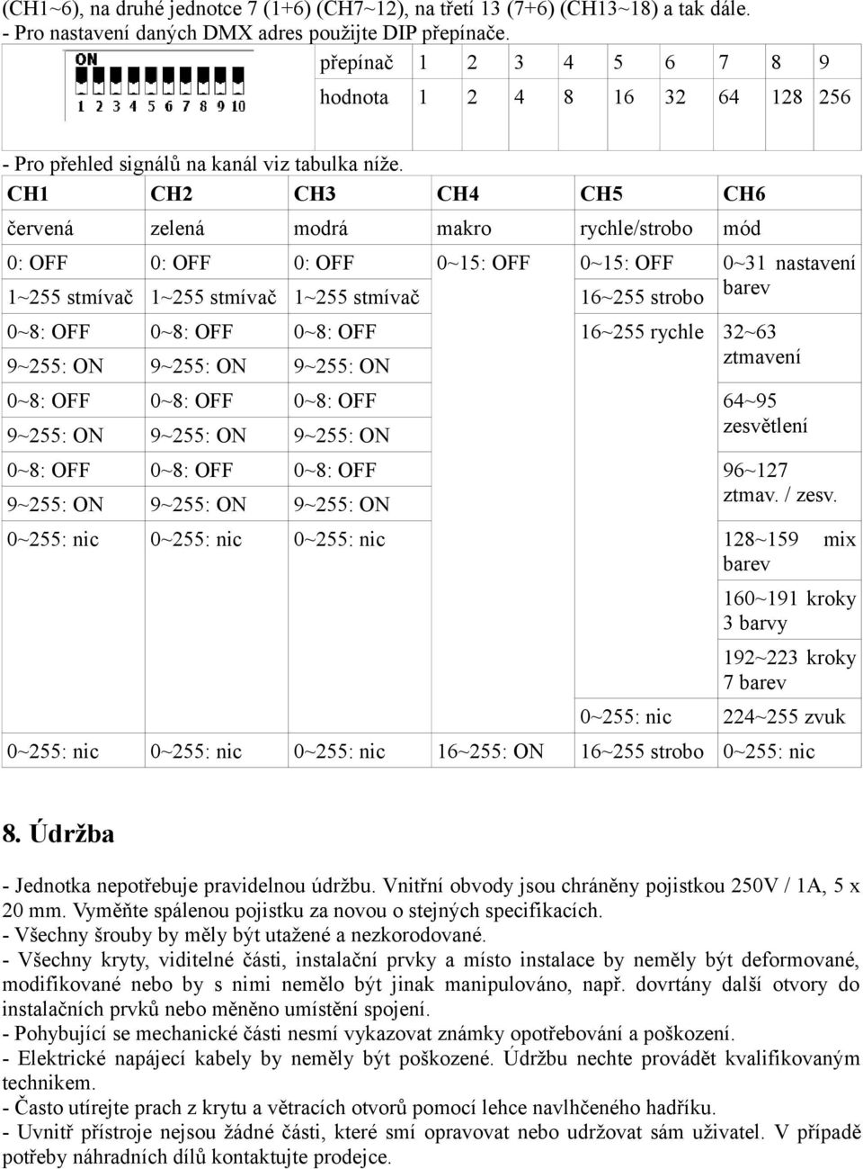 CH1 CH2 CH3 CH4 CH5 CH6 červená zelená modrá makro rychle/strobo mód 0: OFF 0: OFF 0: OFF 0~15: OFF 0~15: OFF 0~31 nastavení 1~255 stmívač 1~255 stmívač 1~255 stmívač 16~255 strobo barev 0~8: OFF