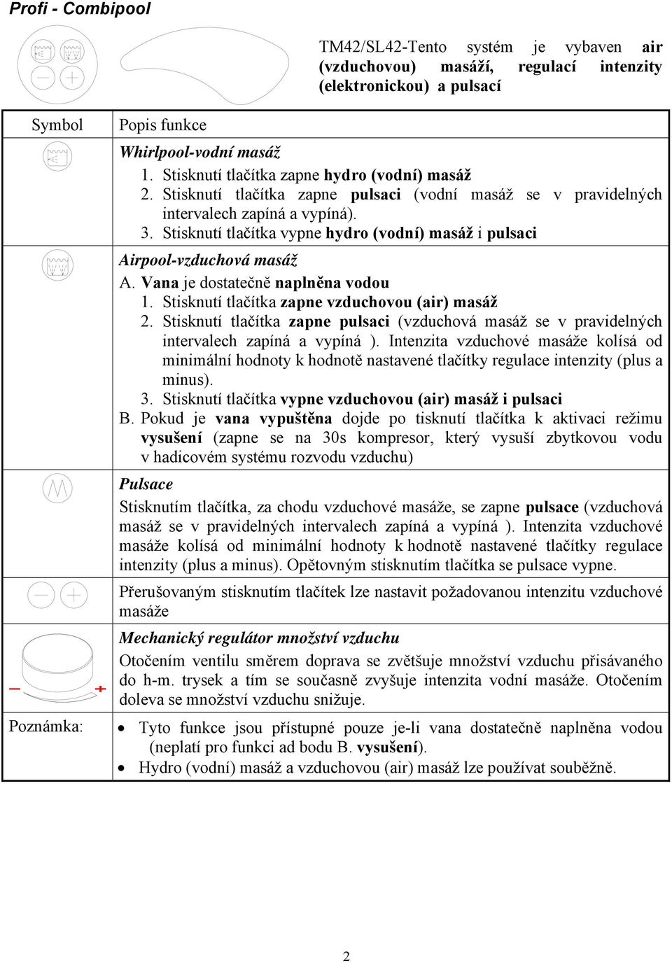 Vana je dostatečně naplněna vodou 1. Stisknutí tlačítka zapne vzduchovou (air) masáž 2. Stisknutí tlačítka zapne pulsaci (vzduchová masáž se v pravidelných intervalech zapíná a vypíná ).