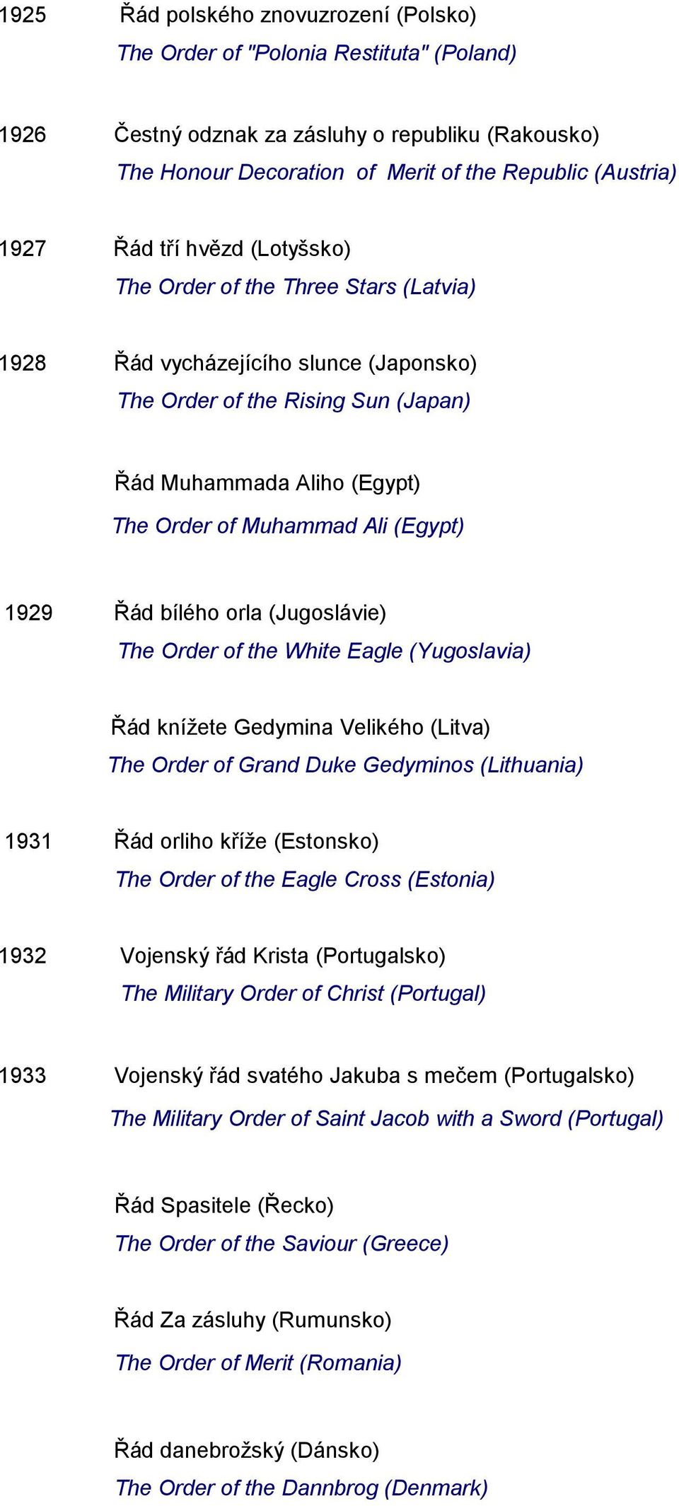 (Egypt) 1929 Řád bílého orla (Jugoslávie) The Order of the White Eagle (Yugoslavia) Řád knížete Gedymina Velikého (Litva) The Order of Grand Duke Gedyminos (Lithuania) 1931 Řád orliho kříže