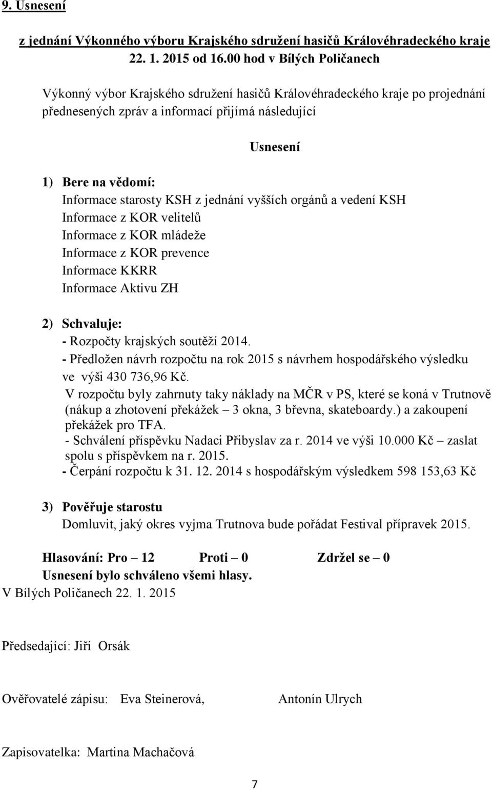 starosty KSH z jednání vyšších orgánů a vedení KSH Informace z KOR velitelů Informace z KOR mládeže Informace z KOR prevence Informace KKRR Informace Aktivu ZH 2) Schvaluje: - Rozpočty krajských