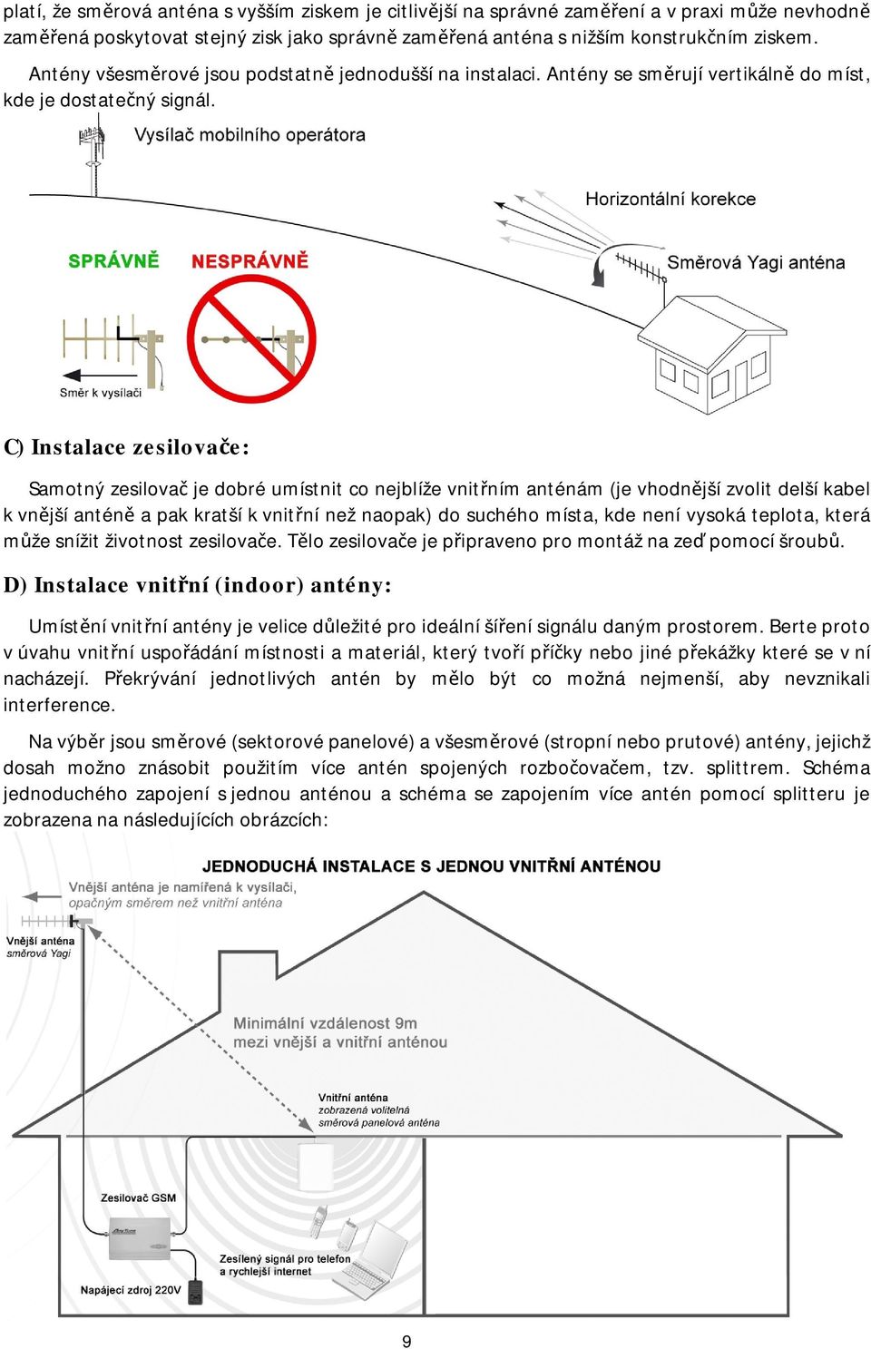 C) Instalace zesilovače: Samotný zesilovač je dobré umístnit co nejblíže vnitřním anténám (je vhodnější zvolit delší kabel k vnější anténě a pak kratší k vnitřní než naopak) do suchého místa, kde