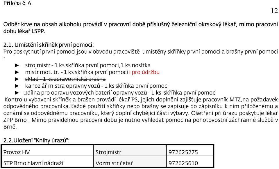 - 1 ks skříňka první pomoci i pro údržbu sklad - 1 ks zdravotnická brašna kancelář mistra opravny vozů - 1 ks skříňka první pomoci dílna pro opravu vozových baterií opravny vozů - 1 ks skříňka první