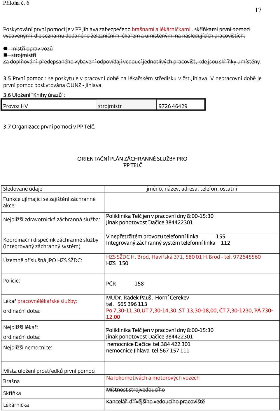 vedoucí jednotlivých pracovišť, kde jsou skříňky umístěny. 3.5 První pomoc : se poskytuje v pracovní době na lékařském středisku v žst.jihlava.