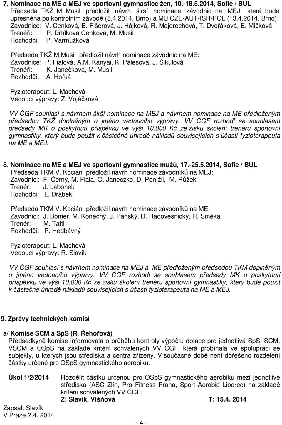 Musil předložil návrh nominace závodnic na ME: Závodnice: P. Fialová, A.M. Kányai, K. Pálešová, J. Šikulová Trenéři: K. Janečková, M. Musil Rozhodčí: A. Hořká Fyzioterapeut: L.