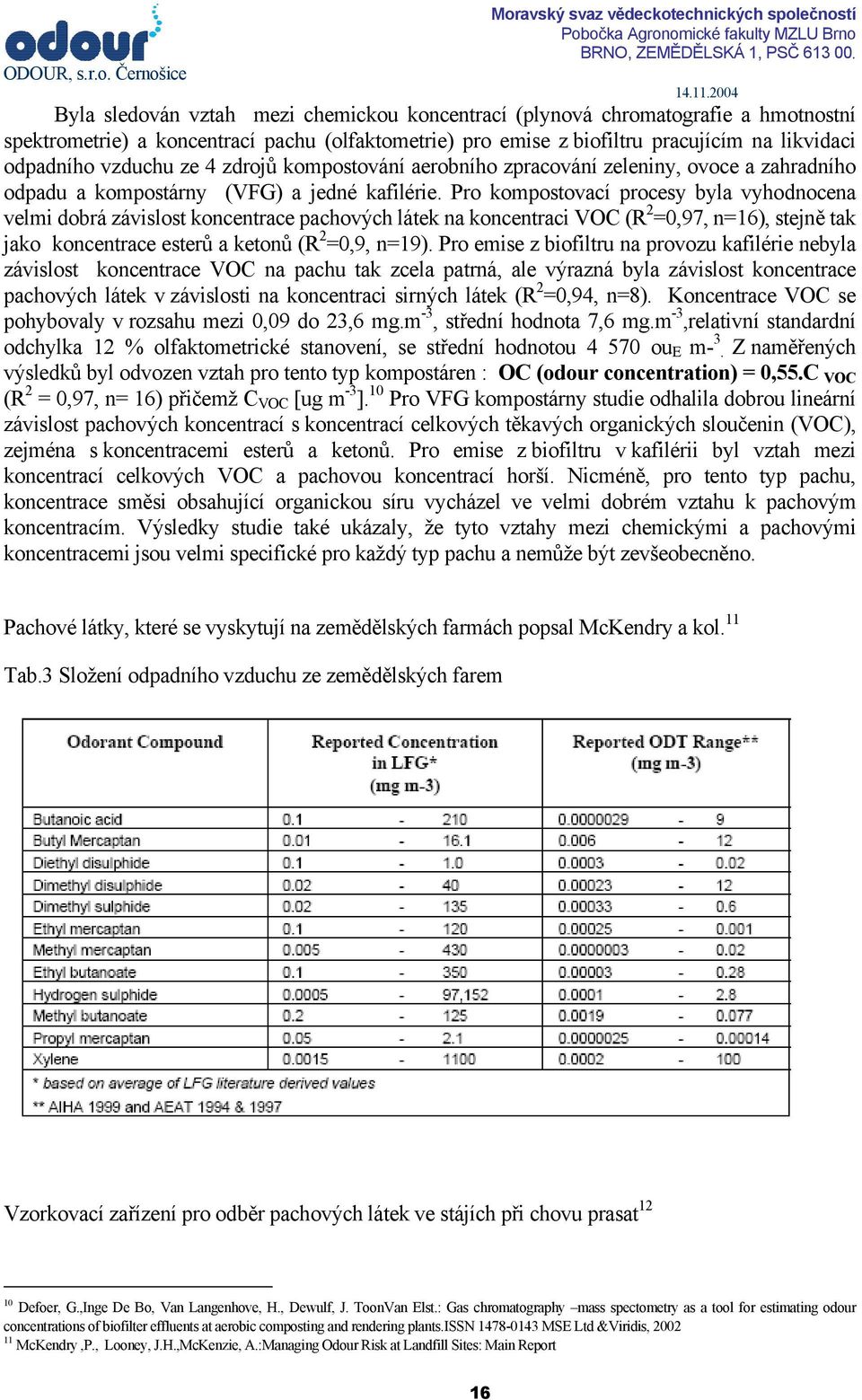 Pro kompostovací procesy byla vyhodnocena velmi dobrá závislost koncentrace pachových látek na koncentraci VOC (R 2 =0,97, n=16), stejně tak jako koncentrace esterů a ketonů (R 2 =0,9, n=19).