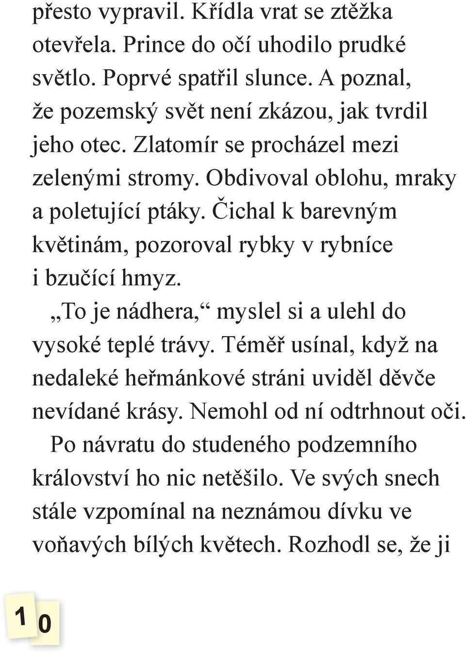 Čichal k barevným květinám, pozoroval rybky v rybníce i bzučící hmyz. To je nádhera, myslel si a ulehl do vysoké teplé trávy.