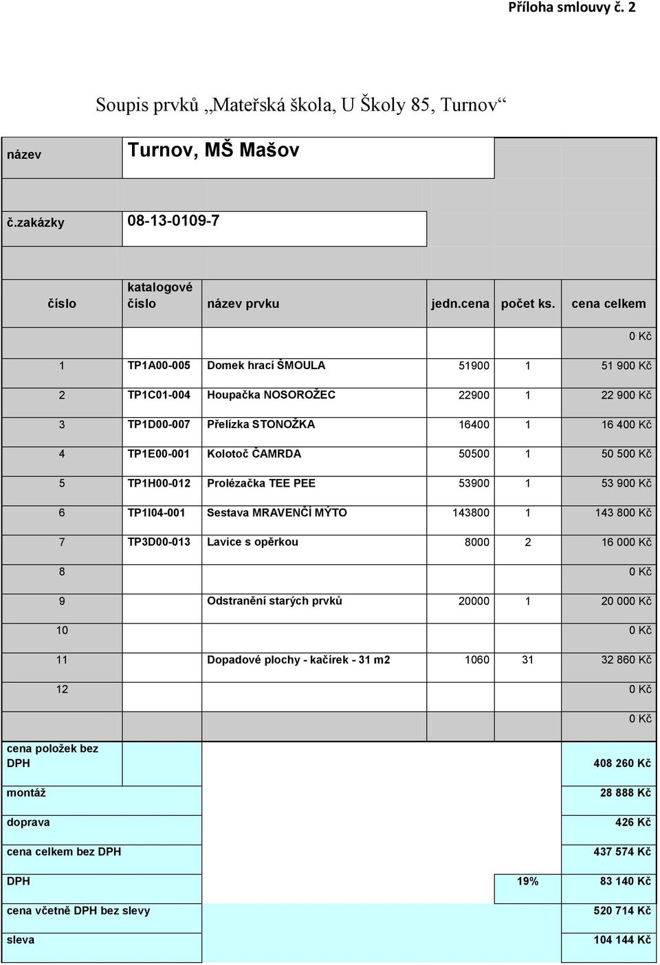 1 50 500 Kč 5 TP1H00-012 Prolézačka TEE PEE 53900 1 53 900 Kč 6 TP1I04-001 Sestava MRAVENČÍ MÝTO 143800 1 143 800 Kč 7 TP3D00-013 Lavice s opěrkou 8000 2 16 000 Kč 8 0 Kč 9 Odstranění starých prvků