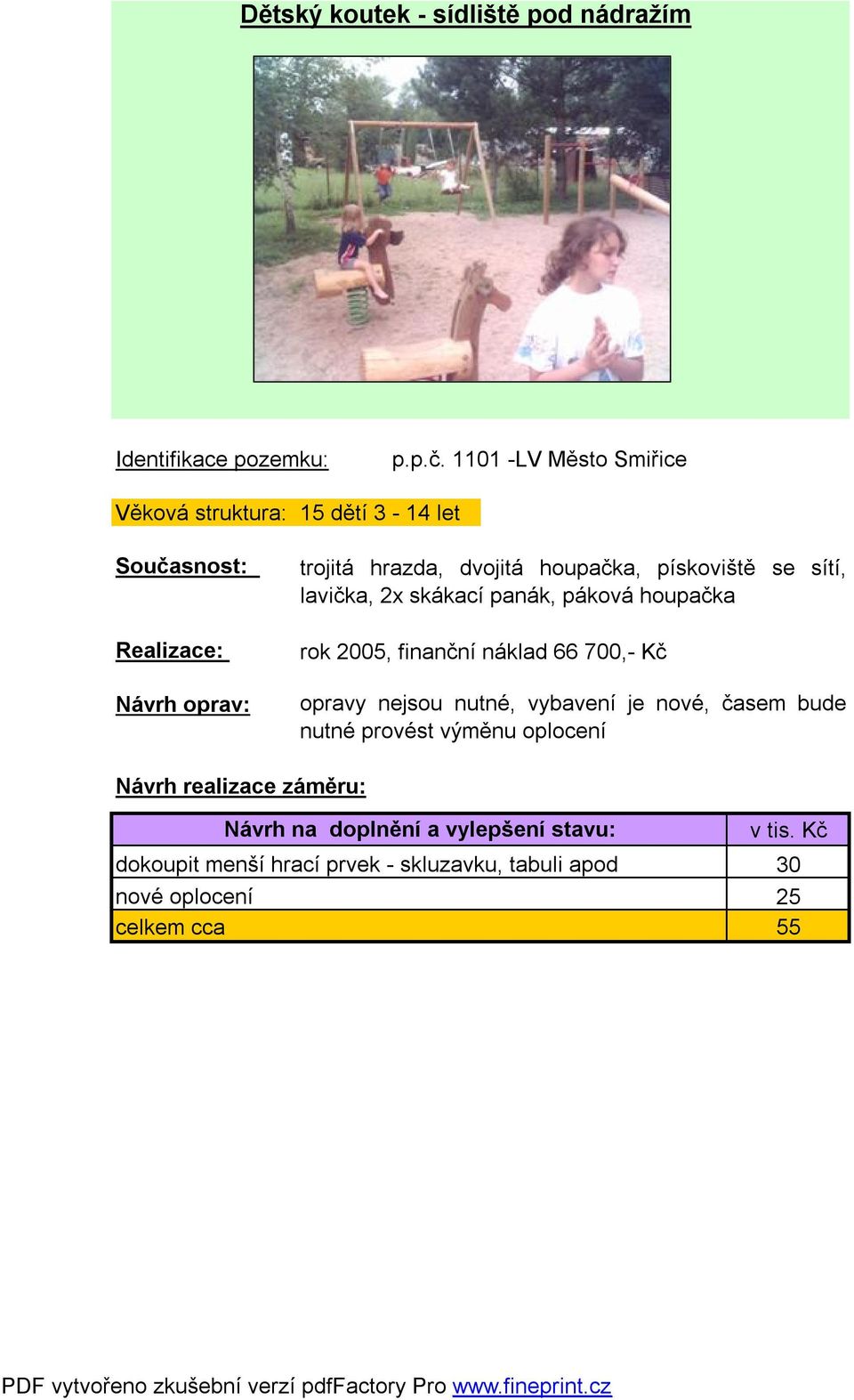 houpačka, pískoviště se sítí, lavička, 2x skákací panák, páková houpačka rok 2005, finanční náklad 66 700,- Kč opravy nejsou nutné,