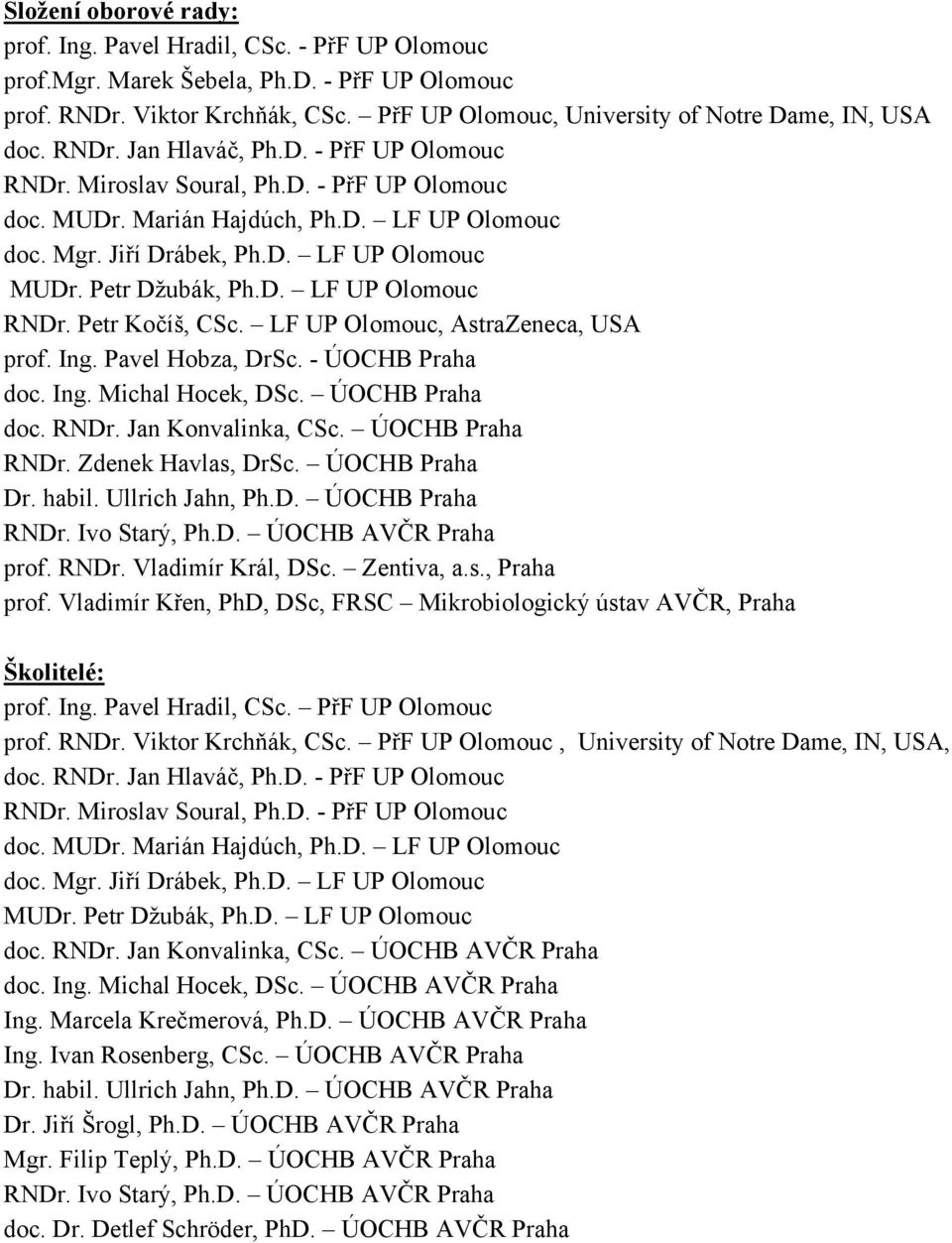 Jiří Drábek, Ph.D. LF UP Olomouc MUDr. Petr Džubák, Ph.D. LF UP Olomouc RNDr. Petr Kočíš, CSc. LF UP Olomouc, AstraZeneca, USA prof. Ing. Pavel Hobza, DrSc. - ÚOCHB Praha doc. Ing. Michal Hocek, DSc.