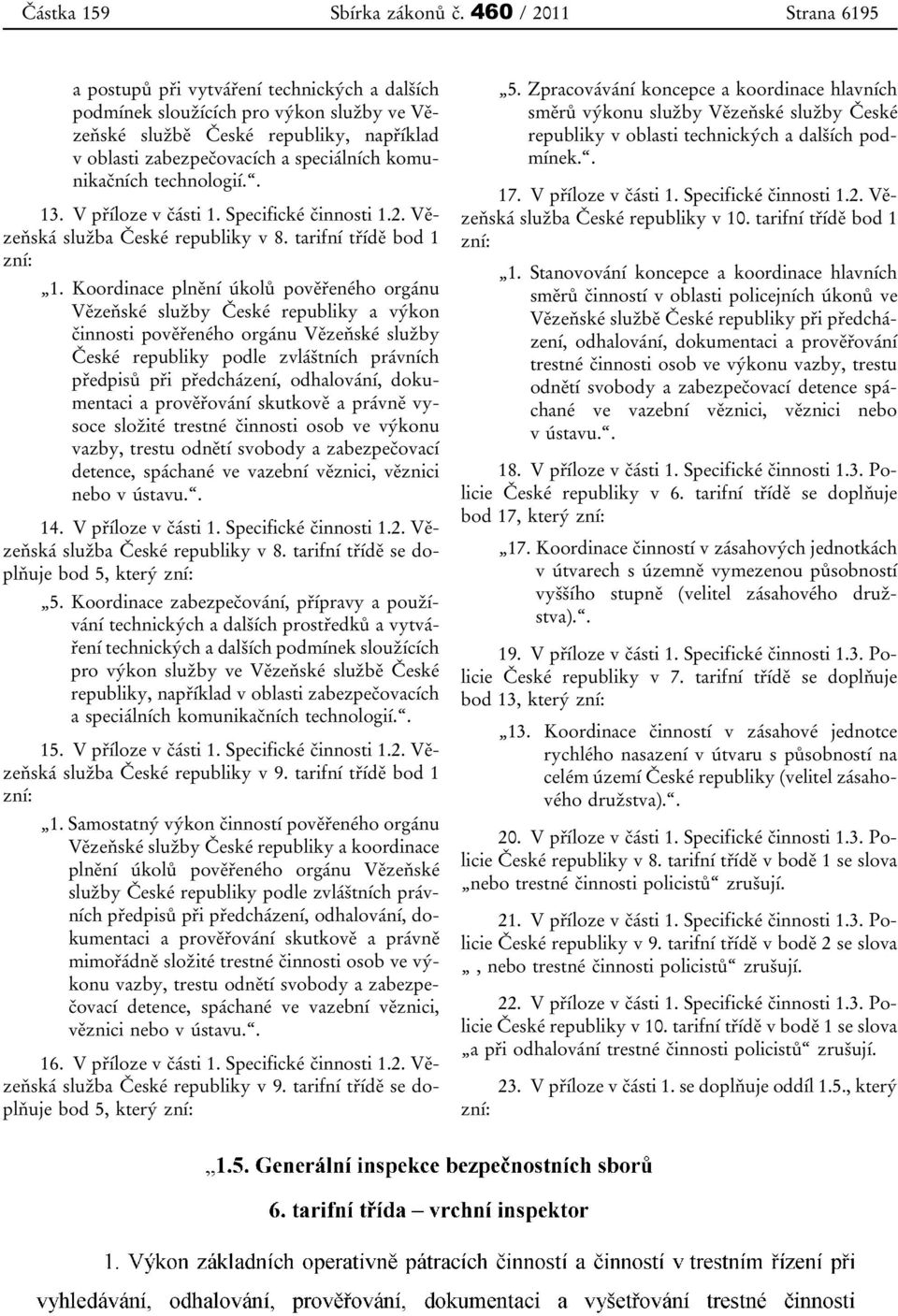 komunikačních technologií.. 13. V příloze v části 1. Specifické činnosti 1.2. Vězeňská služba České republiky v 8. tarifní třídě bod 1 zní: 1.