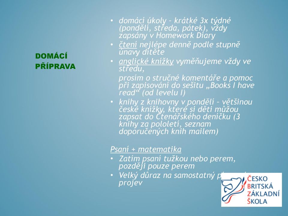 (od levelu I) knihy z knihovny v pondělí většinou české knížky, které si děti můžou zapsat do Čtenářského deníčku (3 knihy za pololetí,