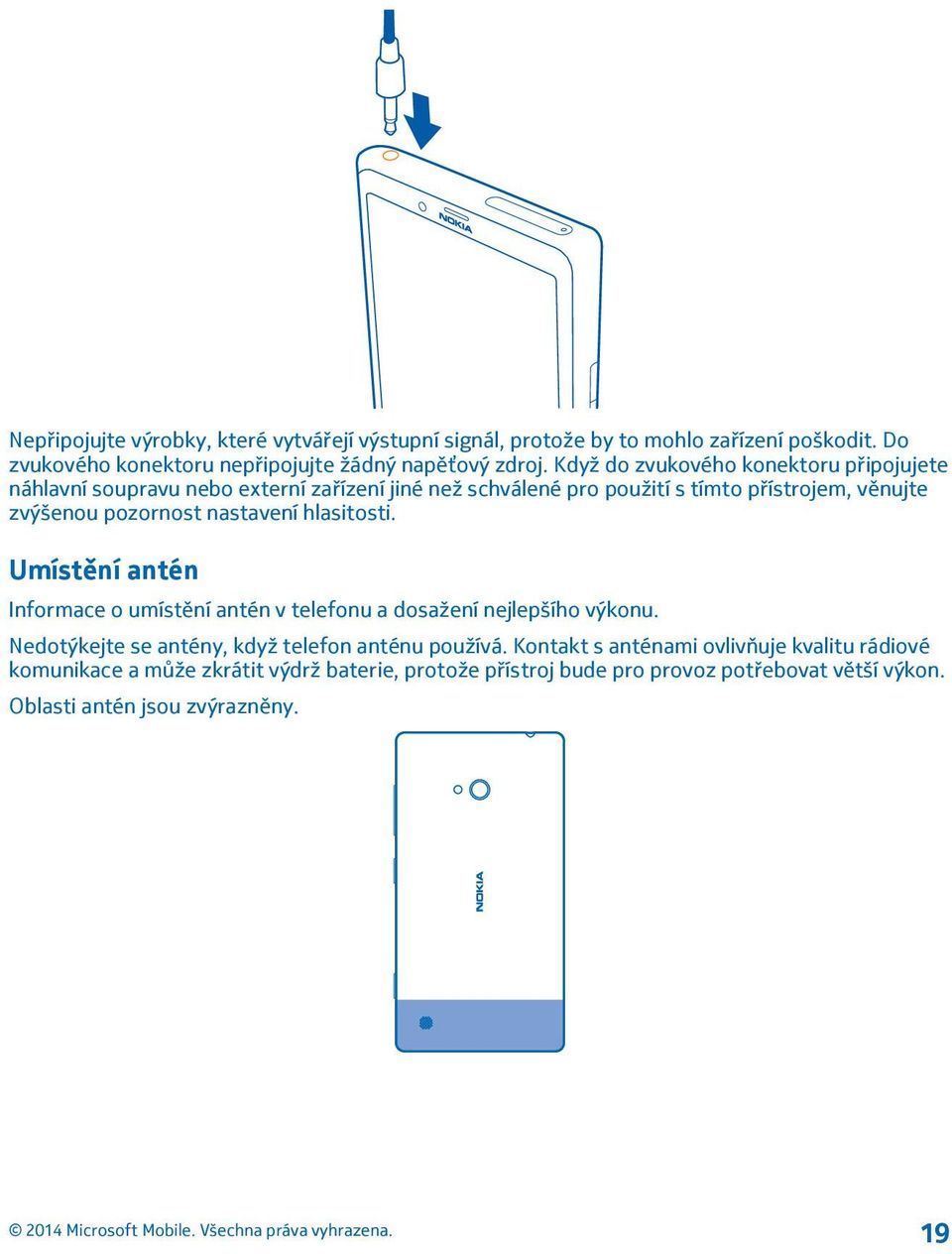 nastavení hlasitosti. Umístění antén Informace o umístění antén v telefonu a dosažení nejlepšího výkonu. Nedotýkejte se antény, když telefon anténu používá.