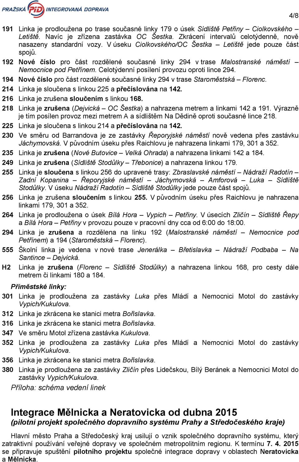 Celotýdenní posílení provozu oproti lince 294. 194 Nové číslo pro část rozdělené současné linky 294 v trase Staroměstská Florenc. 214 Linka je sloučena s linkou 225 a přečíslována na.