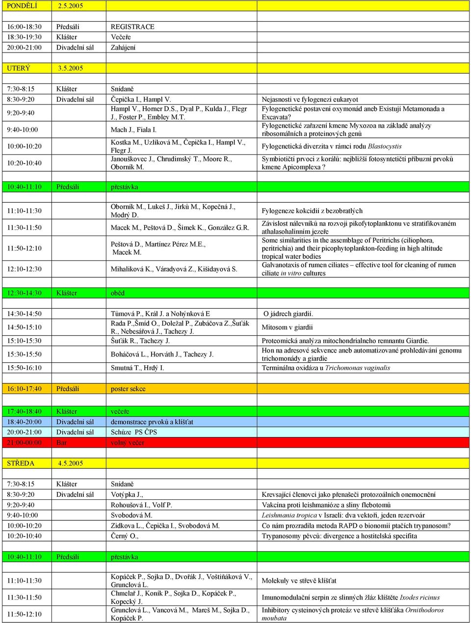 9:40-10:00 Mach J., Fiala I. Fylogenetické zařazení kmene Myxozoa na základě analýzy ribosomálních a proteinových genů 10:00-10:20 Kostka M., Uzlíková M., Čepička I., Hampl V., Flegr J.