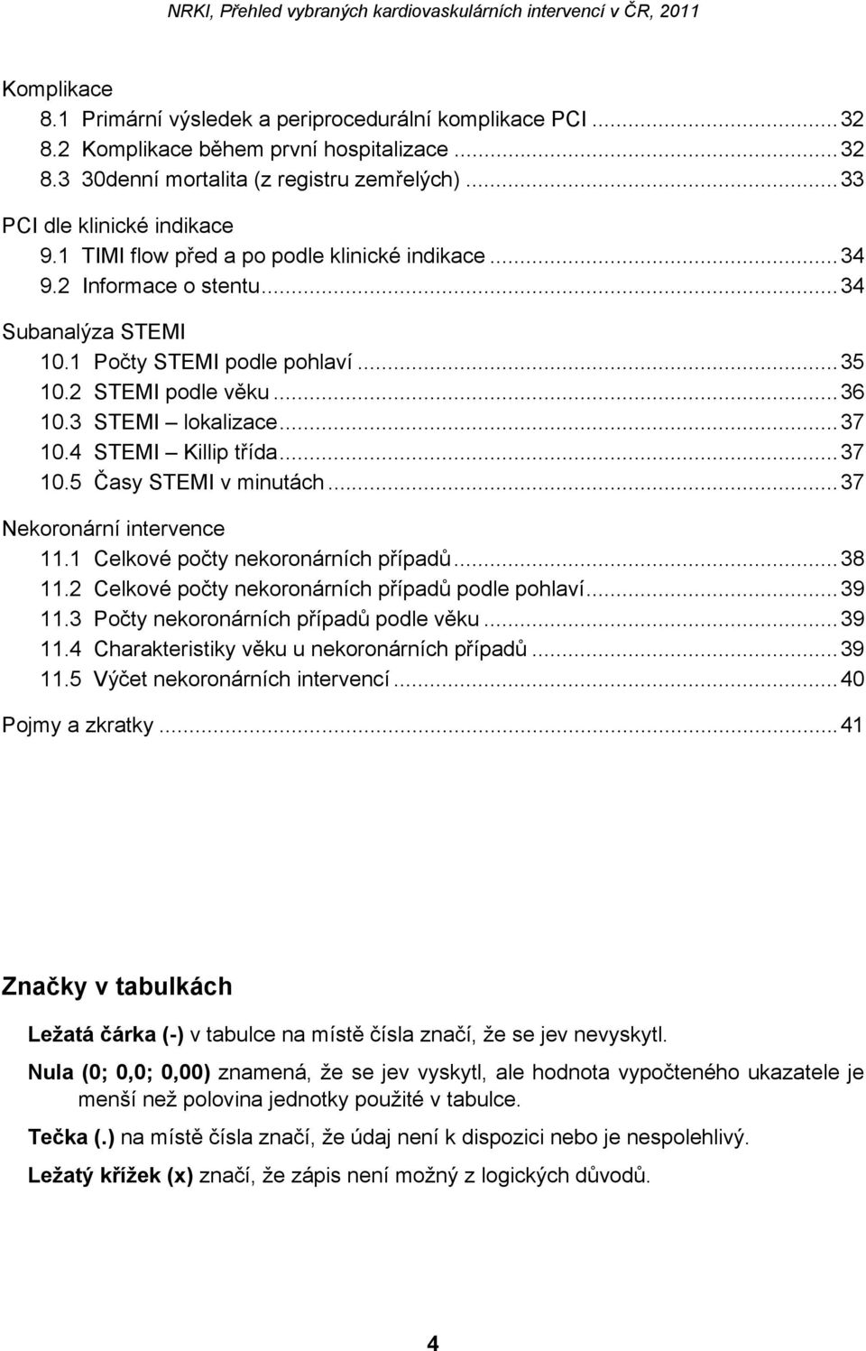 4 STEMI Killip třída...37 10.5 Časy STEMI v minutách...37 Nekoronární intervence 11.1 Celkové počty nekoronárních případů...38 11.2 Celkové počty nekoronárních případů podle pohlaví...39 11.