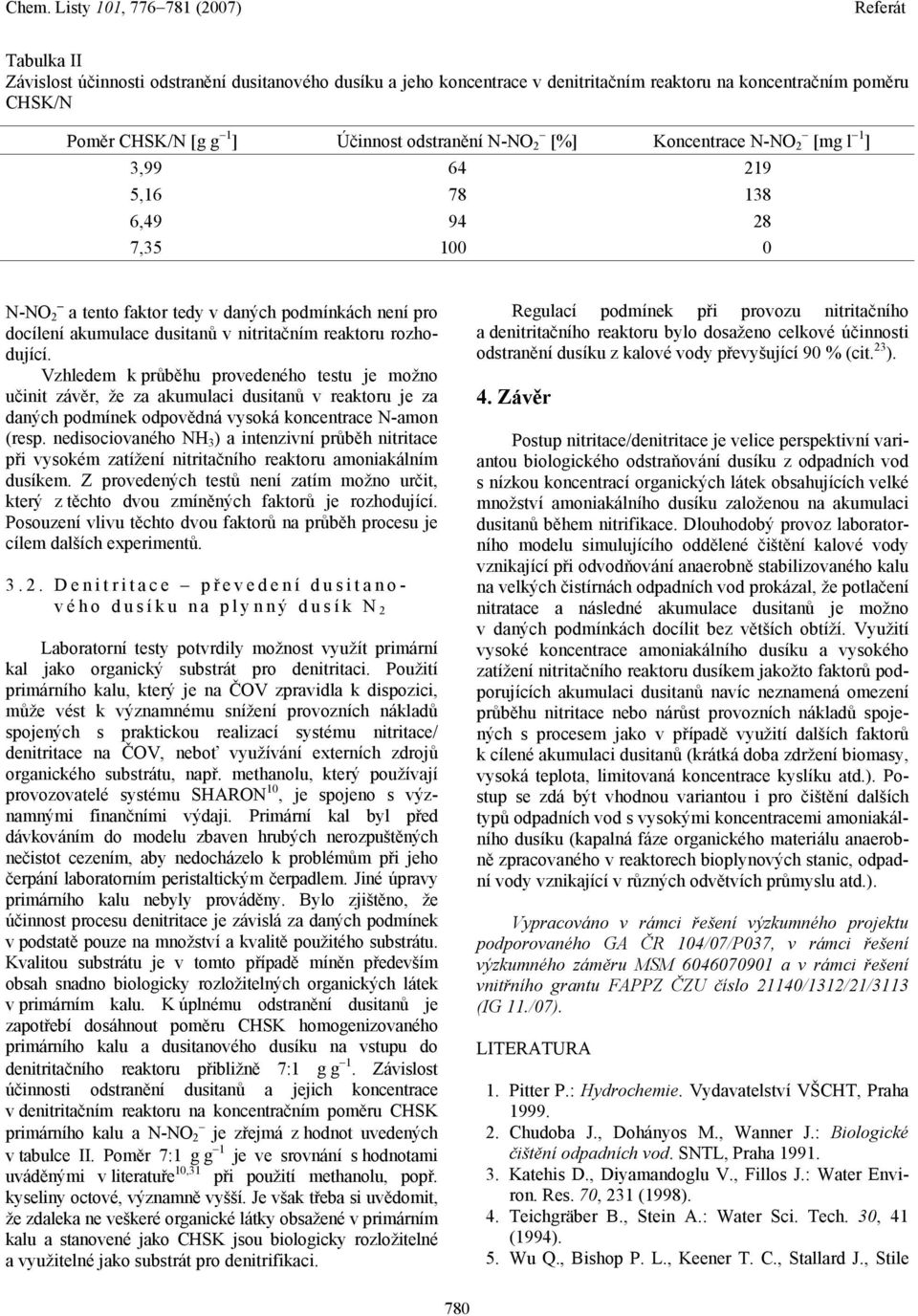 Vzhledem k průběhu provedeného testu je možno učinit závěr, že za akumulaci dusitanů v reaktoru je za daných podmínek odpovědná vysoká koncentrace N-amon (resp.