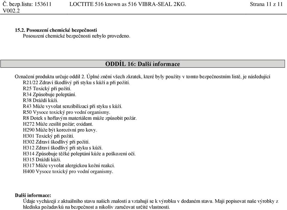 Úplné znění všech zkratek, které byly použity v tomto bezpečnostním listě, je následující R21/22 Zdraví škodlivý při styku s kůží a při požití. R25 Toxický při požití. R34 Způsobuje poleptání.