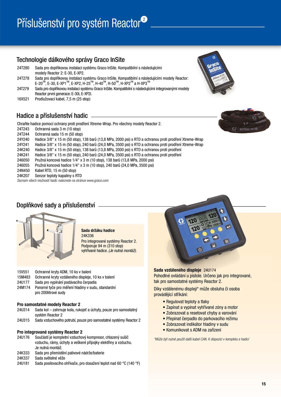 Kompatibilní s následujícími modely Reactor: E-20 TM, E-30, E-XP1 TM, E-XP2, H-25 TM, H-40 TM, H-50 TM, H-XP2 TM a H-XP3 TM 24T279 Sada pro doplňkovou instalaci systému Graco InSite.