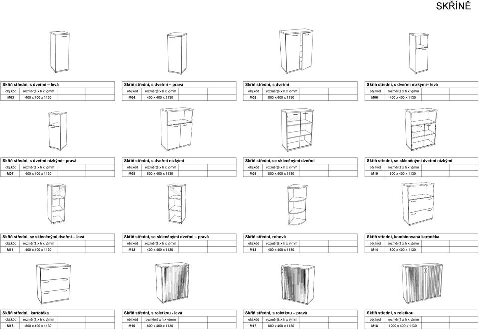 1130 M09 800 x 400 x 1130 M10 800 x 400 x 1130 Skříň střední, se skleněnými dveřmi levá Skříň střední, se skleněnými dveřmi pravá Skříň střední, rohová Skříň střední, kombinovaná kartotéka M11 400 x