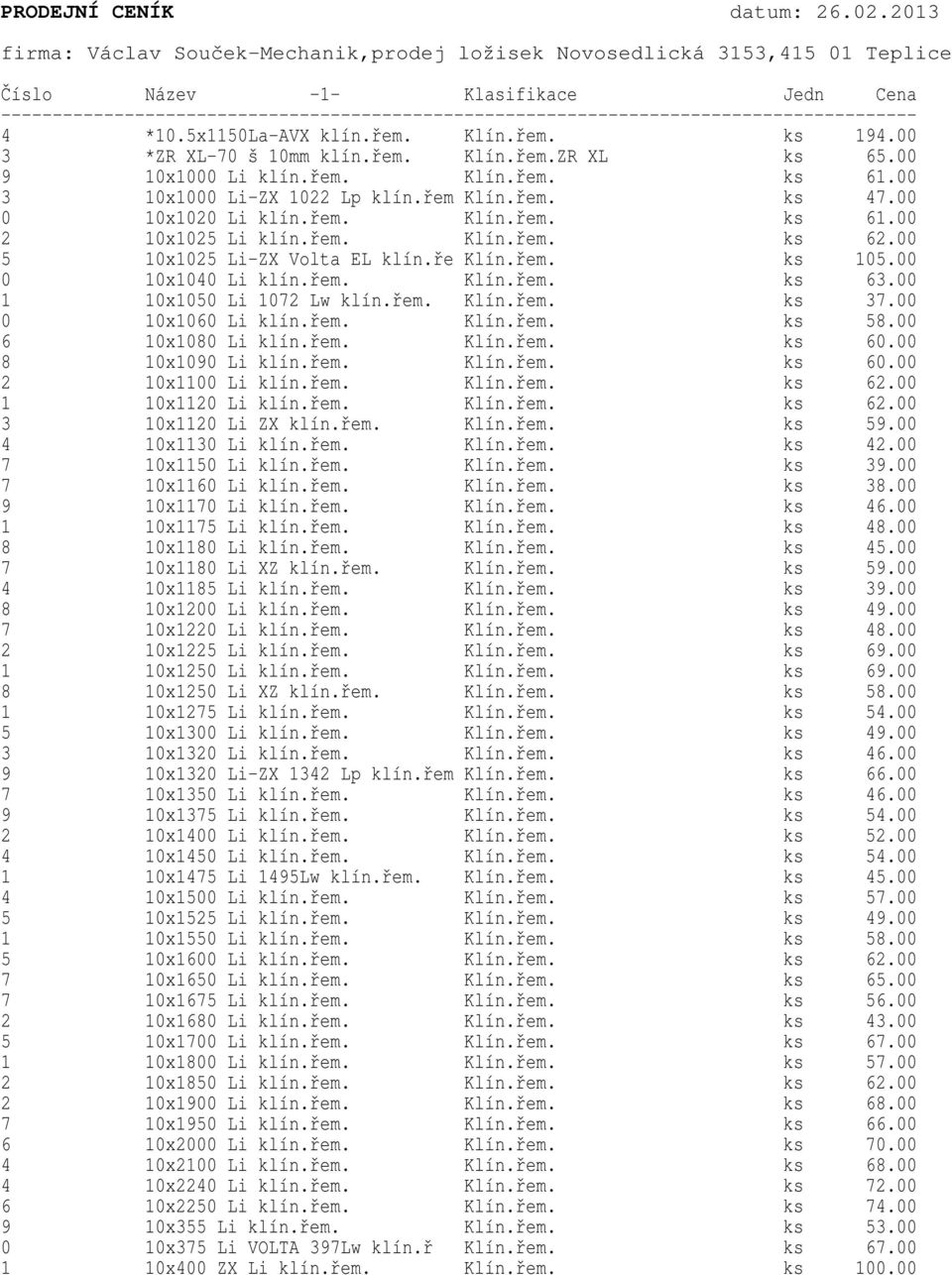 řem. Klín.řem. ks 62.00 5 10x1025 Li-ZX Volta EL klín.ře Klín.řem. ks 105.00 0 10x1040 Li klín.řem. Klín.řem. ks 63.00 1 10x1050 Li 1072 Lw klín.řem. Klín.řem. ks 37.00 0 10x1060 Li klín.řem. Klín.řem. ks 58.