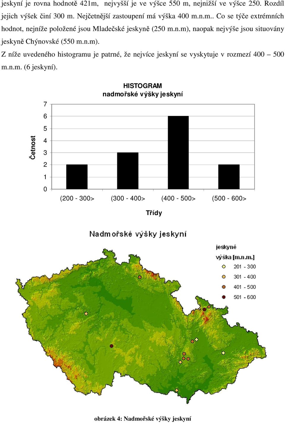 n.m). Z níže uvedeného histogramu je patrné, že nejvíce jeskyní se vyskytuje v rozmezí 400 500 m.n.m. (6 jeskyní).