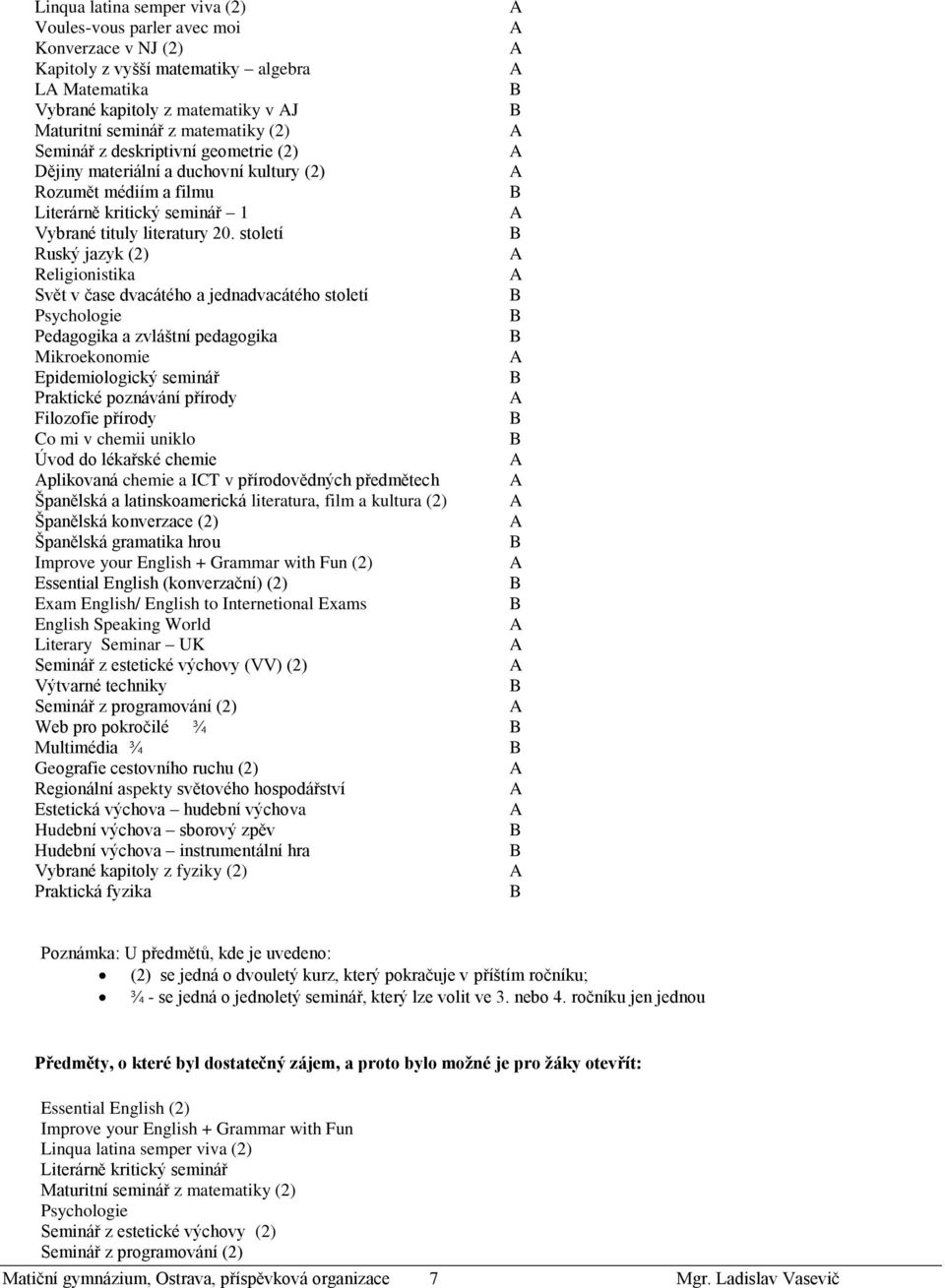 století B Ruský jazyk (2) A Religionistika A Svět v čase dvacátého a jednadvacátého století B Psychologie B Pedagogika a zvláštní pedagogika B Mikroekonomie A Epidemiologický seminář B Praktické