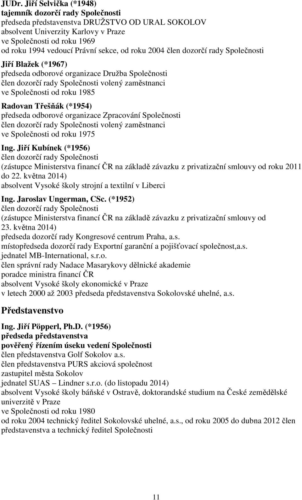 1985 Radovan Třešňák (*1954) předseda odborové organizace Zpracování Společnosti člen dozorčí rady Společnosti volený zaměstnanci ve Společnosti od roku 1975 Ing.