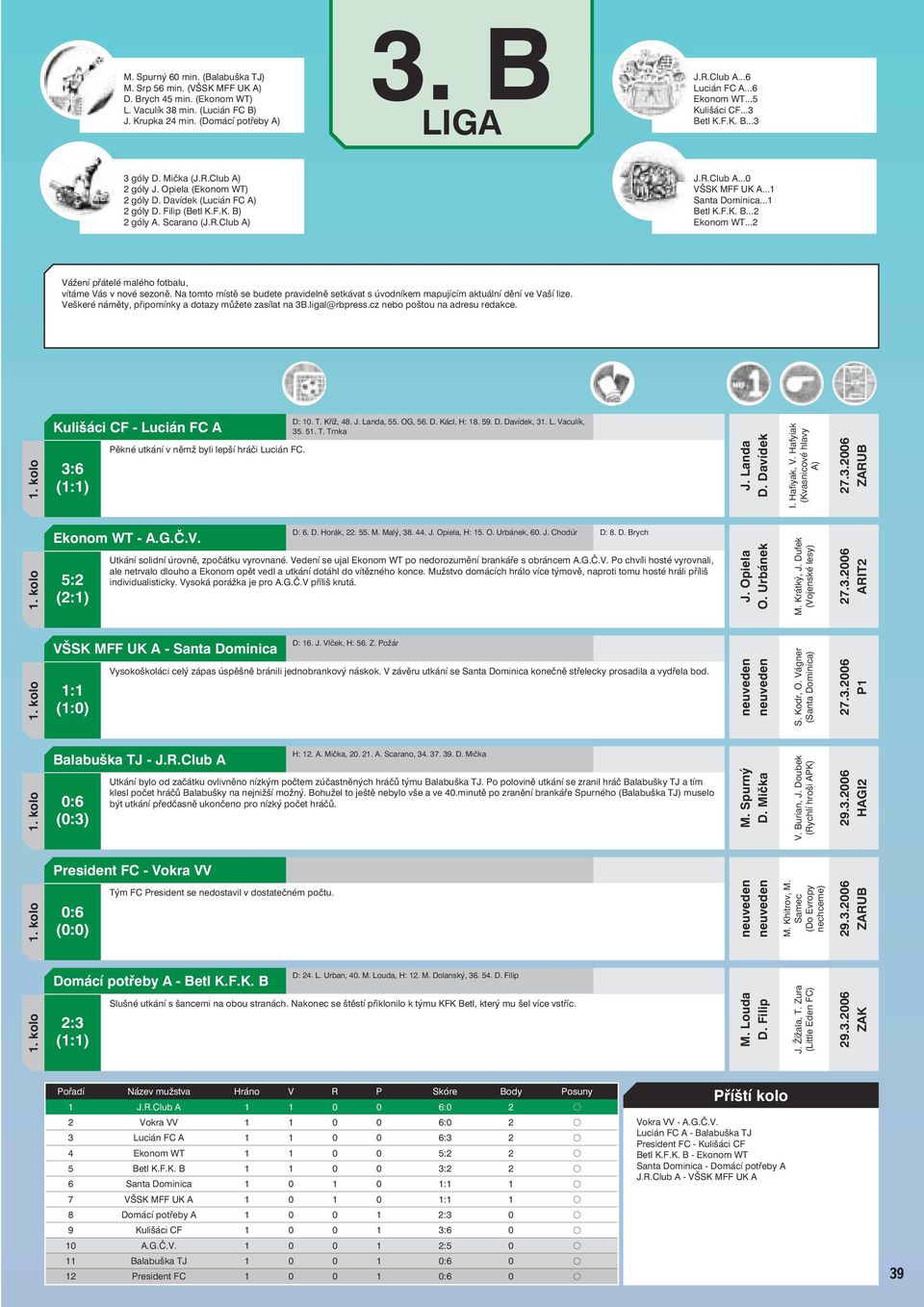 R.Club A...0 VŠSK MFF UK A...1 Santa Dominica...1 Betl K.F.K. B...2 Ekonom WT...2 Veškeré náměty, připomínky a dotazy můžete zasílat na 3B.ligal@rbpress.cz nebo poštou na adresu redakce.