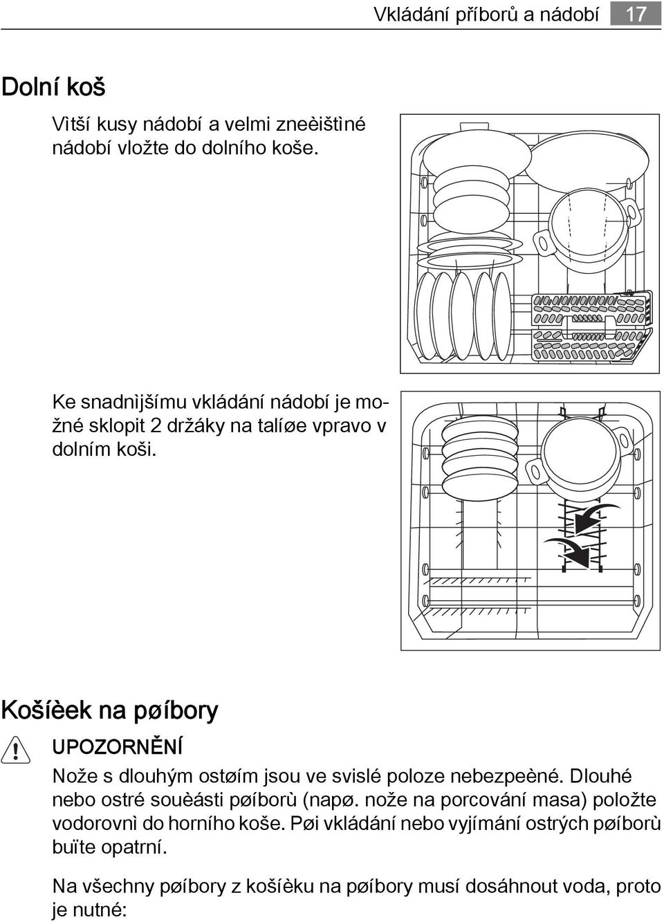 Košíèek na pøíbory UPOZORNĚNÍ Nože s dlouhým ostøím jsou ve svislé poloze nebezpeèné. Dlouhé nebo ostré souèásti pøíborù (napø.